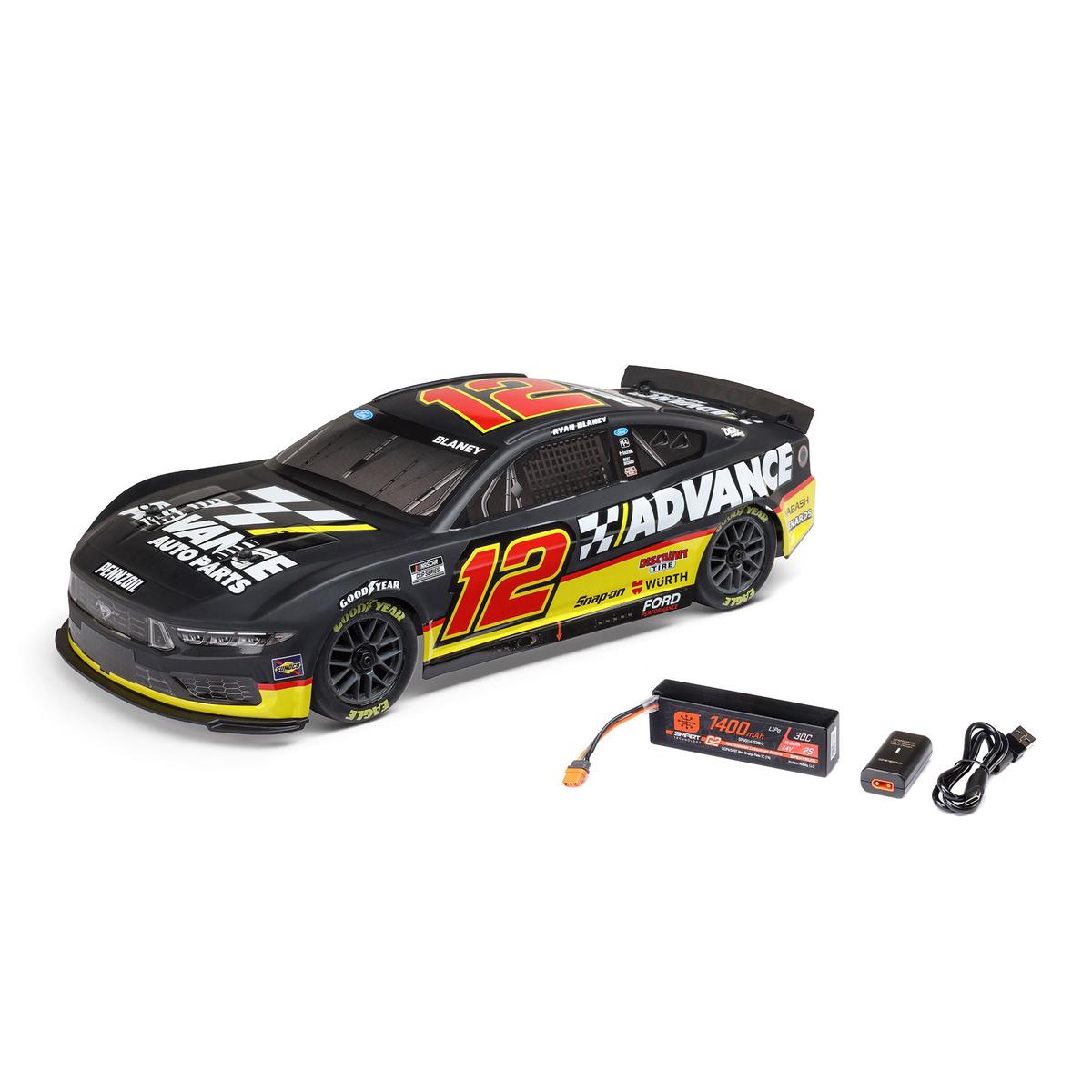 1/12 NASCAR RC Race Car Ryan Blaney No. 12 2025 Advance Auto Ford Mustang 2S AWD RTR Brushed On-Road (Battery & Charger included, Black
