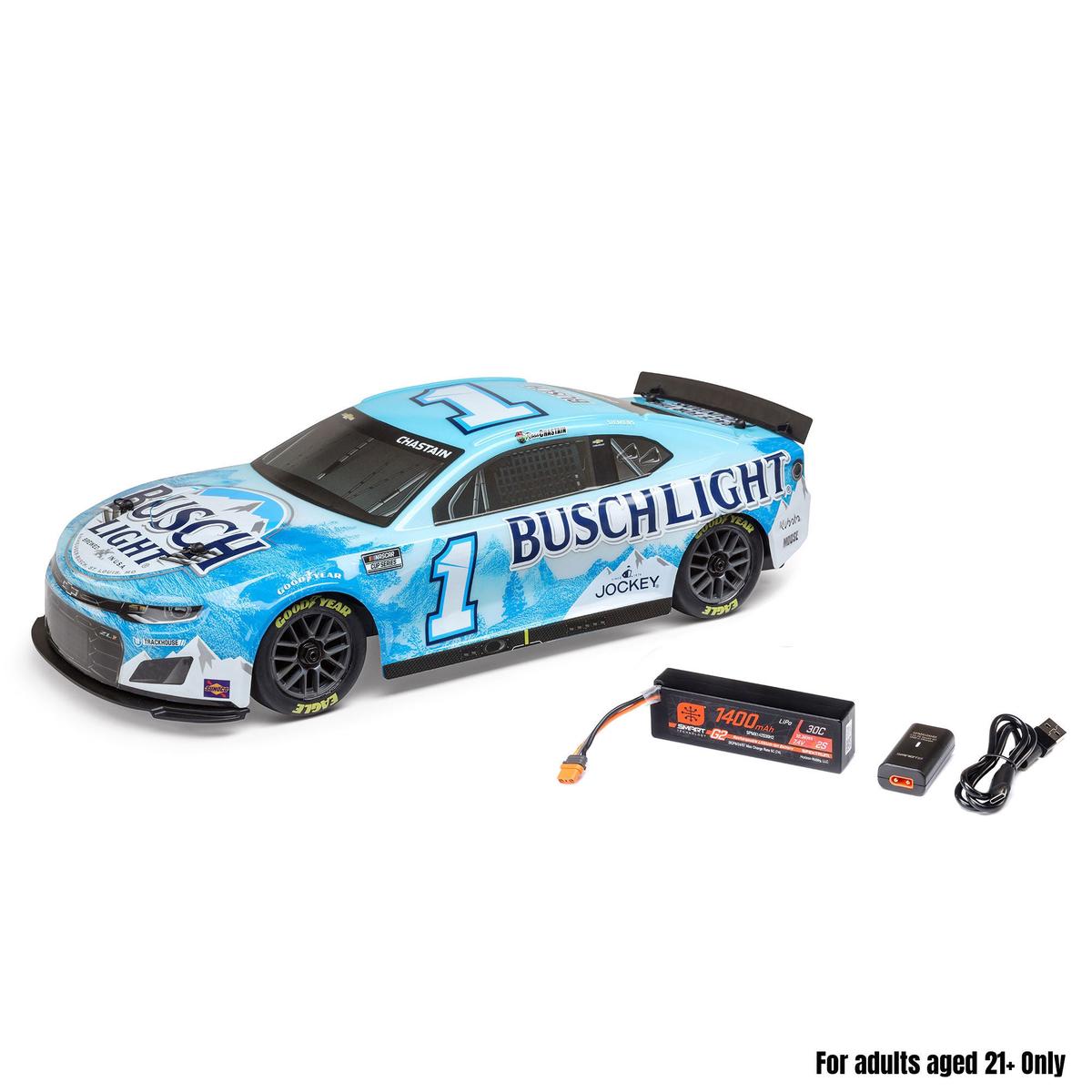 1/12 NASCAR RC Race Car Ross Chastain No. 1 2025 Busch Light Chevrolet ZL1 2S AWD RTR Brushed On-Road (Battery & Charger Included), Blue